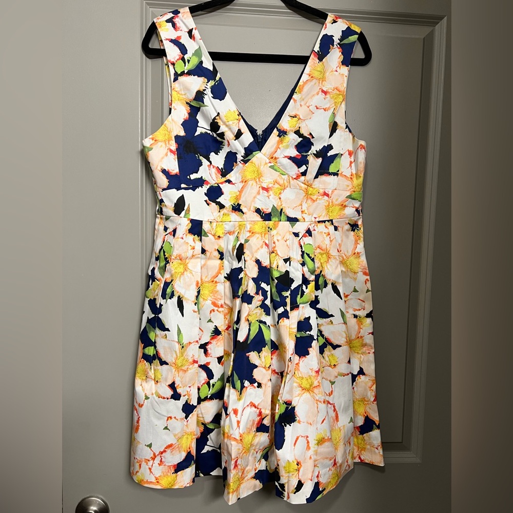 J Crew Factory Navy Floral Cotton Pleated Fit & Flare Sleeveless Dress Size 12